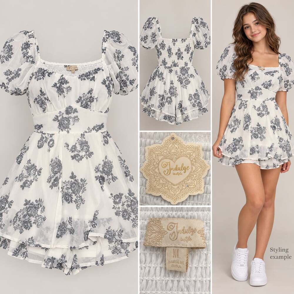 Indulge White Gray Floral Romper Medium Puff Sleeve Cottagecore NWT